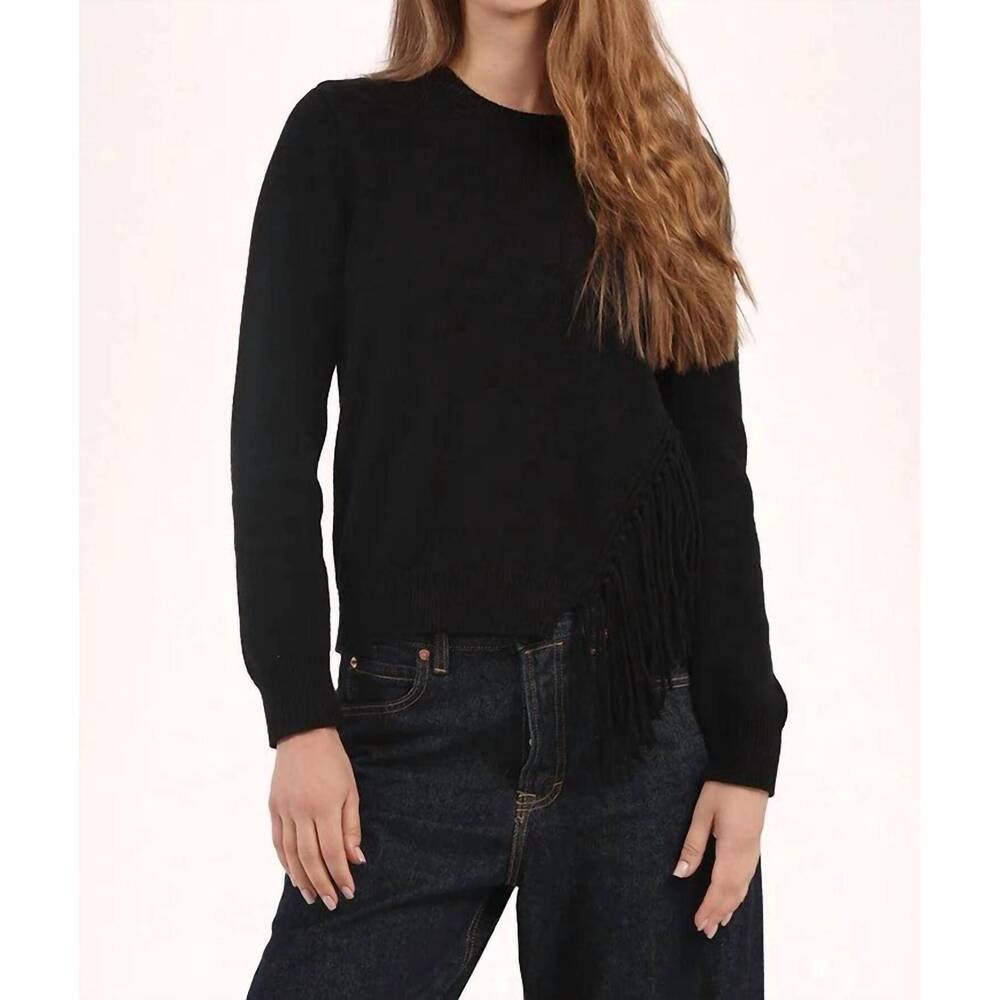 NEW MINNIE ROSE cotton cashmere fringe trim sweater in black